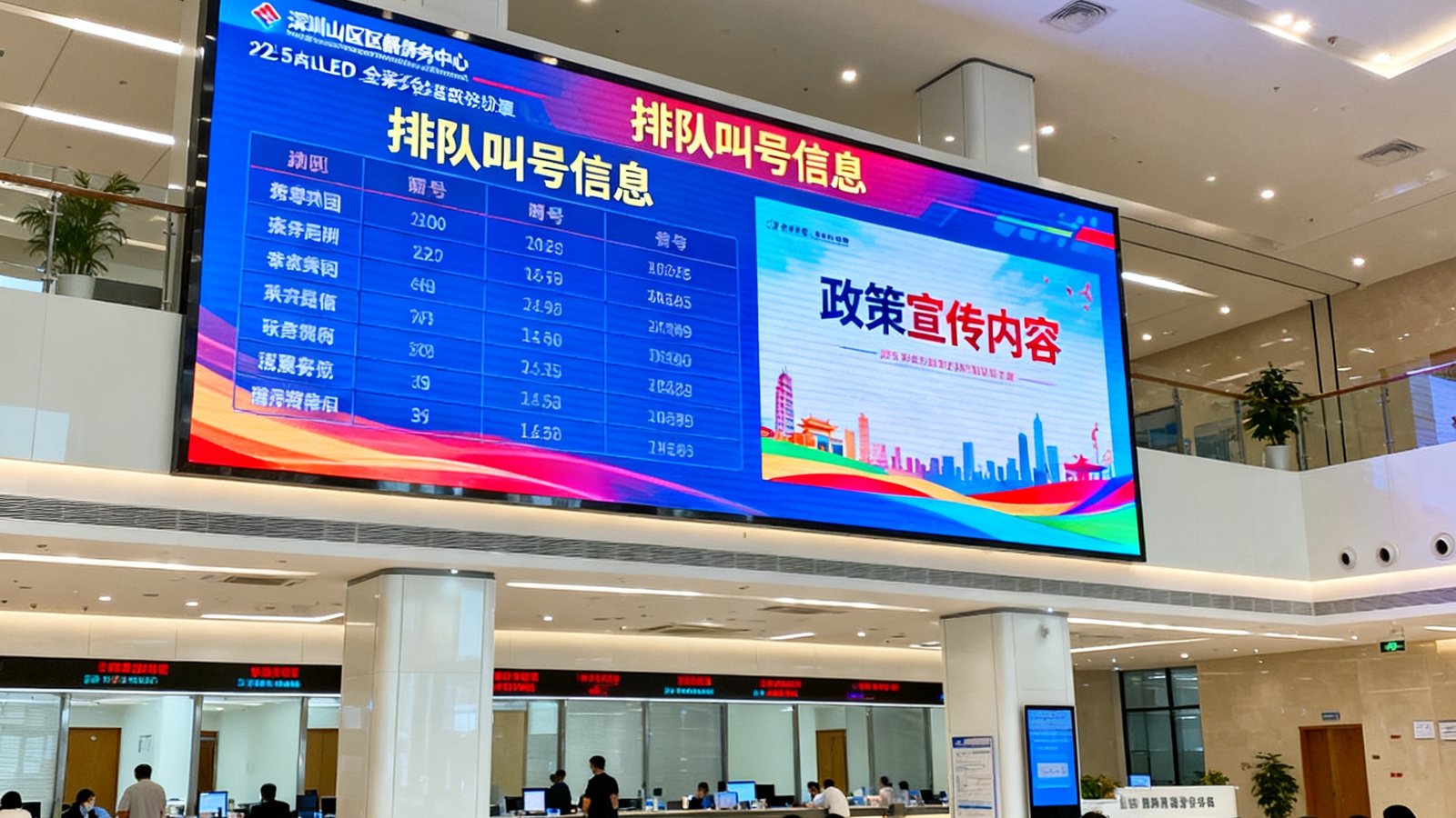 深圳南山区政务服务中心办事大厅内，一块大面积P2.5室内LED全彩屏滚动显示排队叫号信息和政策宣传内容，屏体下方是等候区的办事群众。