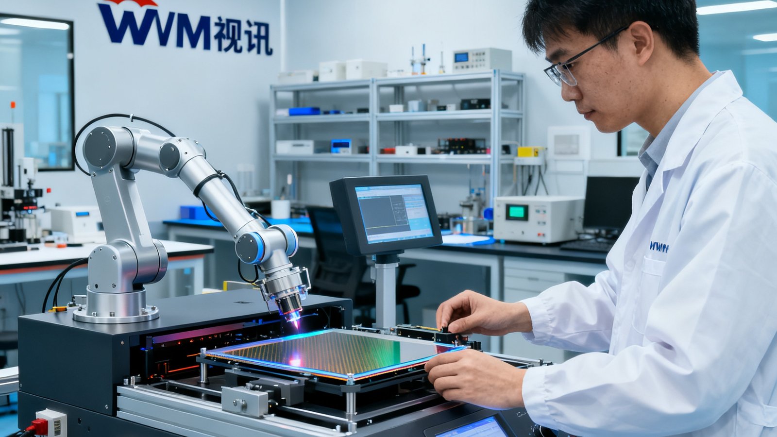 WM视讯在深圳光明区新设立的Micro LED研发中心实验室内，工程师正在操作巨量转移设备。